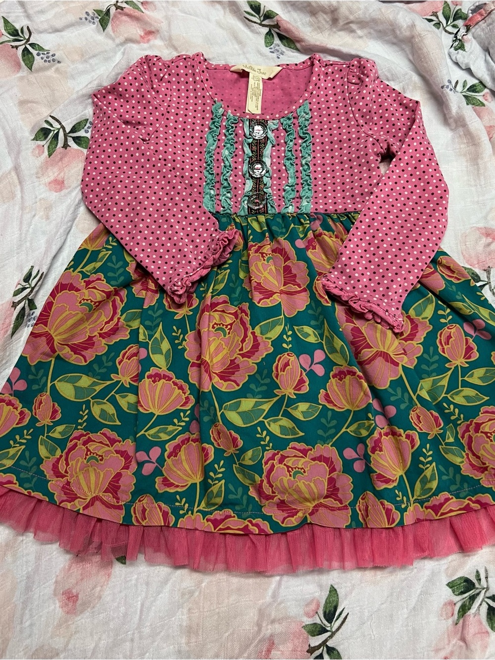 Matilda Jane Pink Polka Dot & Floral Tulle Hem Infant Girls Dress 18 months
